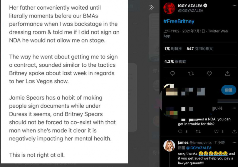 饶舌歌手Iggy Azalea发文力挺布兰妮。 (图/翻摄自Iggy Azalea推特)