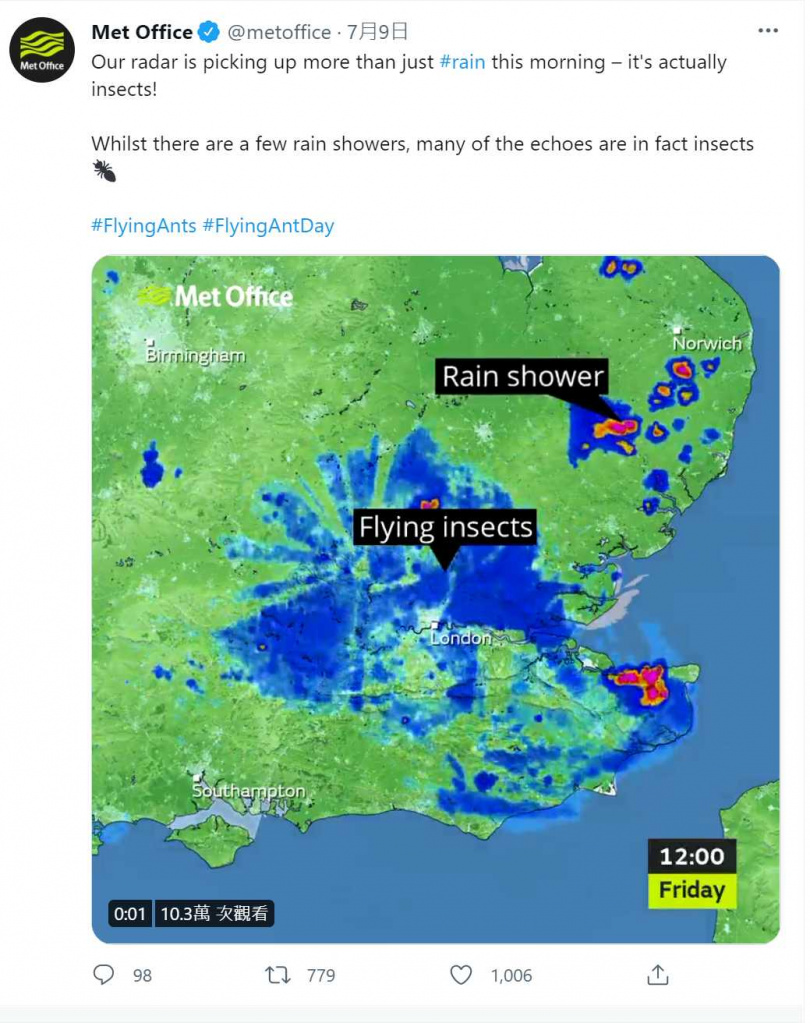 英国气象雷达侦测到大量飞蚁族群。 (图/翻摄自推特)
